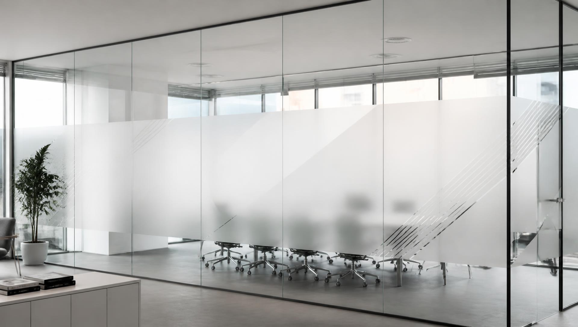 Oficina moderna con empavonado decorativo cubriendo grandes vidrios